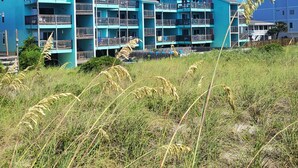 A multi-story building with balconies and a grassy foreground.