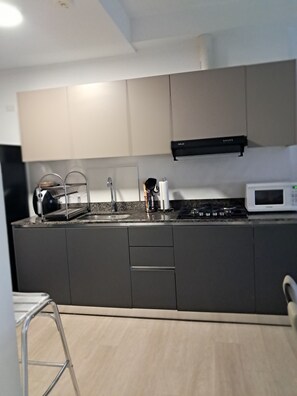 Een microgolfoven, een kookplaat, een koffiezetapparaat/waterkoker