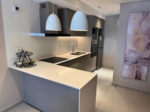 Klassiek appartement, 2 slaapkamers, balkon | Privékeuken | Een koelkast met diepvriezer, een microgolfoven, een oven, een kookplaat