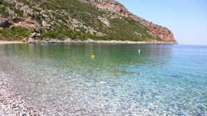 A clear shallow water body with a rocky shore and a green hillside in the background.