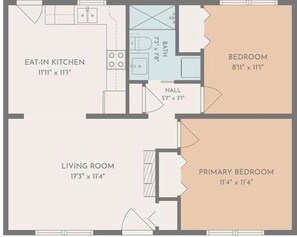 A floor plan with an eat-in kitchen, a living room, a primary bedroom, a secondary bedroom, and a bathroom.