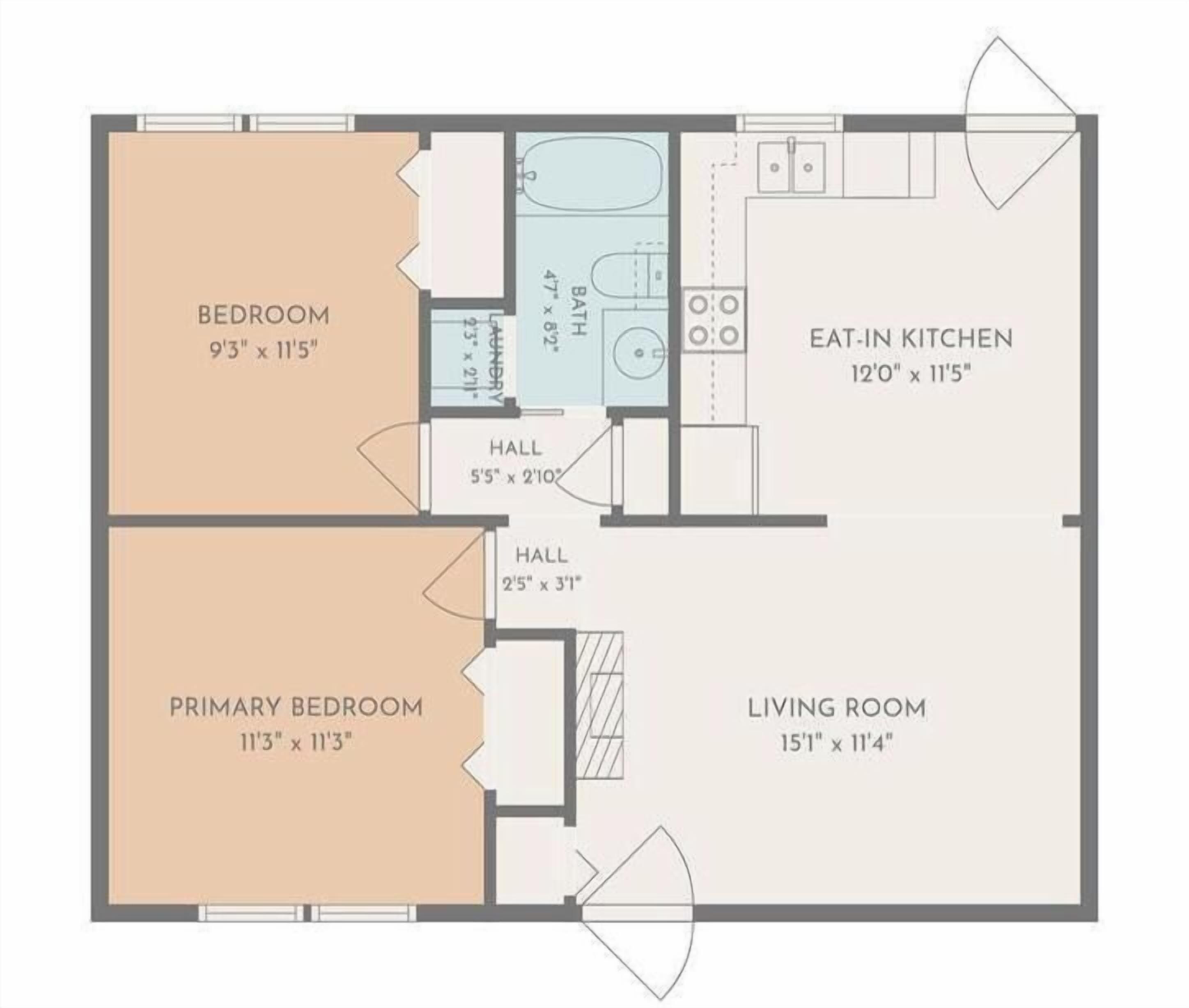 A floor plan with a bedroom, primary bedroom, living room, eat-in kitchen, and two hallways.