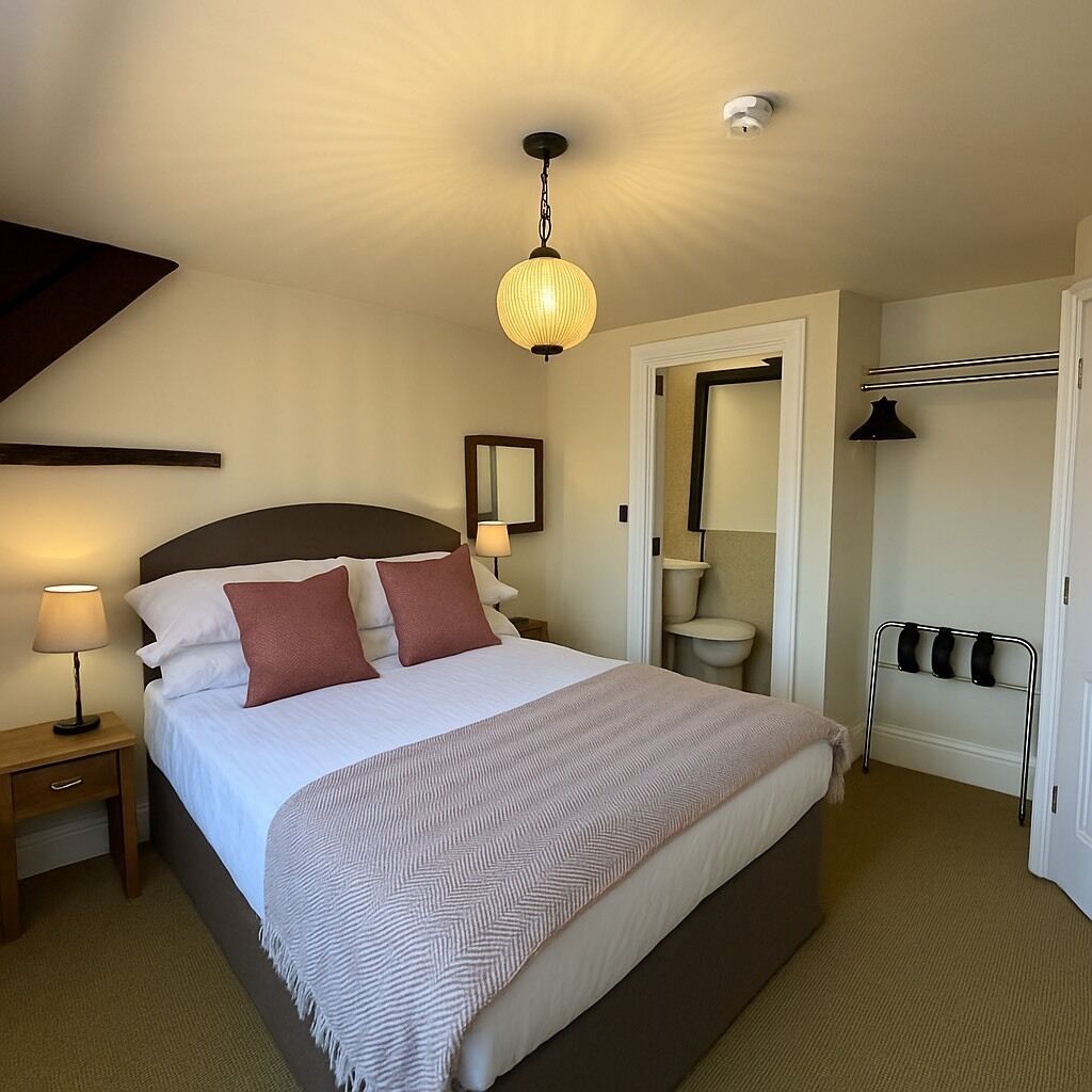 Una habitación de hotel con cama, lámpara de noche y lámpara colgante.