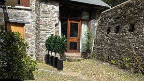 Ein Steinhaus mit einer Holztür und Stufen, die zu einer Veranda führen. Ein Garten mit violetten Blumen in einem Steintopf.