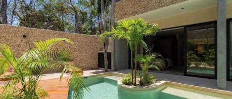 A modern outdoor pool area with a stone wall, palm trees, and a wooden deck.
