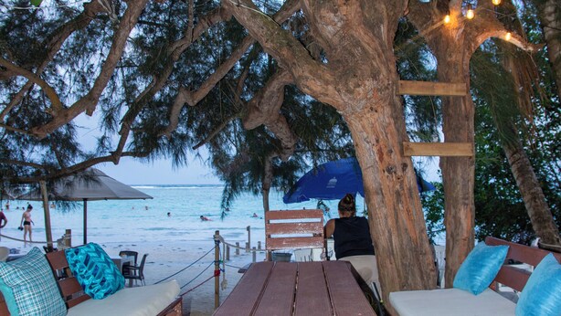 Ein Sitzbereich am Strand mit Holztischen und -bänken, einem großen Baum und Lichterketten.