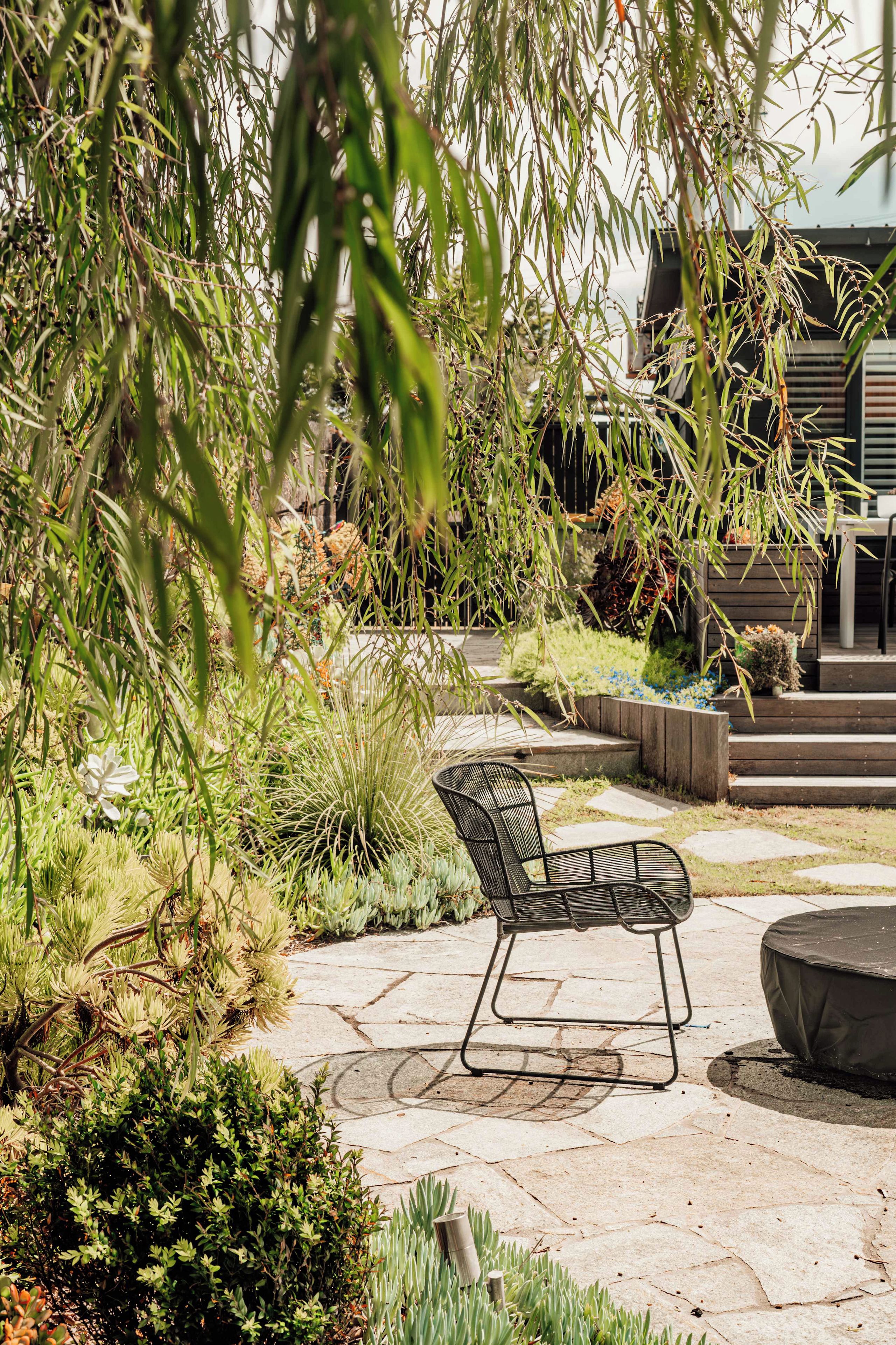 A garden patio with a metal chair, stone steps, and various plants.