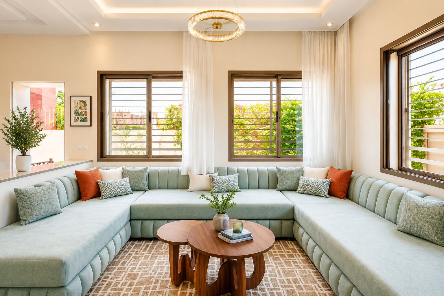A modern living room with a sectional sofa, large windows, a wooden coffee table, and a potted plant.