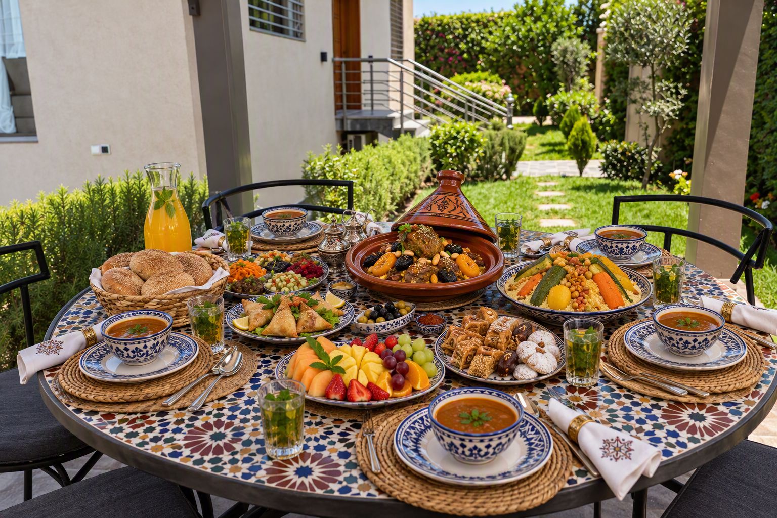 Une table à manger installée en plein air, dressée avec une variété de plats, dont un tajine, des salades et du pain, le tout mis en valeur par un bâtiment et de la verdure en arrière-plan.