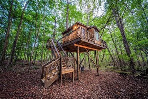 A wooden treehouse with a staircase, surrounded by a forest. - Cherry Treesort "Miss Molly" (Rowan County)