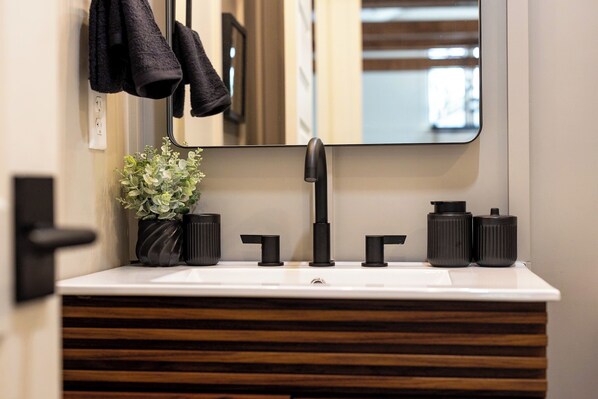 Un baño con lavamanos blanco, grifo negro y dos dispensadores de jabón negros. Hay una planta en maceta sobre el mostrador del lavamanos.