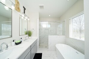 Hair dryer, towels, soap, toilet paper