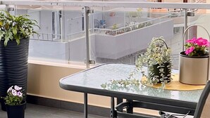 A rooftop terrace with a glass table, chairs, potted plants, and a view of the cityscape.