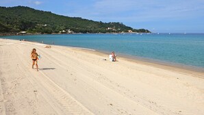 Une plage avec un rivage sablonneux, une personne assise sur le sable et une autre qui se promène.