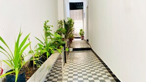 Een smalle gang met betegelde vloer, potplanten en een deur aan het einde.