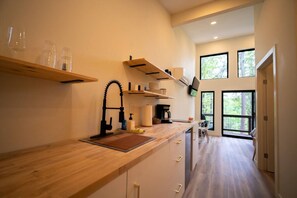 Fridge, microwave, stovetop, coffee/tea maker