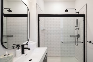 Shower, hair dryer, towels