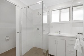 A modern bathroom with a glass shower enclosure, a white sink, and a mirror above the vanity.