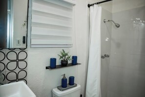 Regadera, secadora de cabello, toallas, jabón