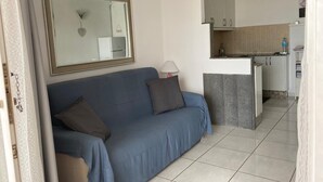 Un salon comprenant un canapé, un miroir et un coin cuisine avec des placards et un plan de travail.