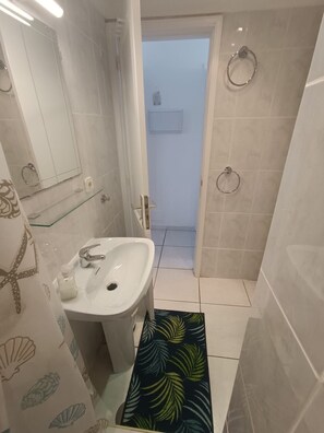 Shower, hair dryer, towels, toilet paper