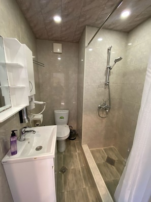 Douche, sèche-cheveux, serviettes fournies, savon