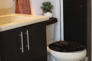 Douche, sèche-cheveux, serviettes fournies, savon