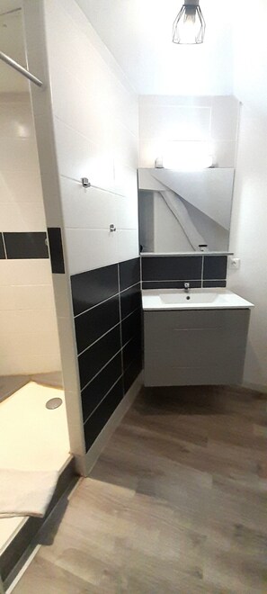 Shower, hair dryer, towels, toilet paper