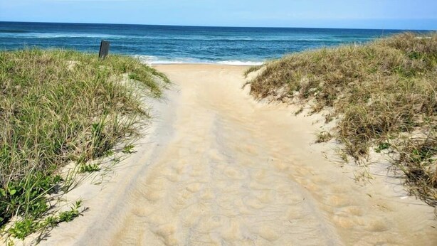 A sandy beach path leading to the ocean with grassy dunes on either side. - 2 Private Living Spaces, 2 Hot Tubs and Bikes! (Kill Devil Hills)
