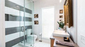 Shower, hair dryer, shampoo