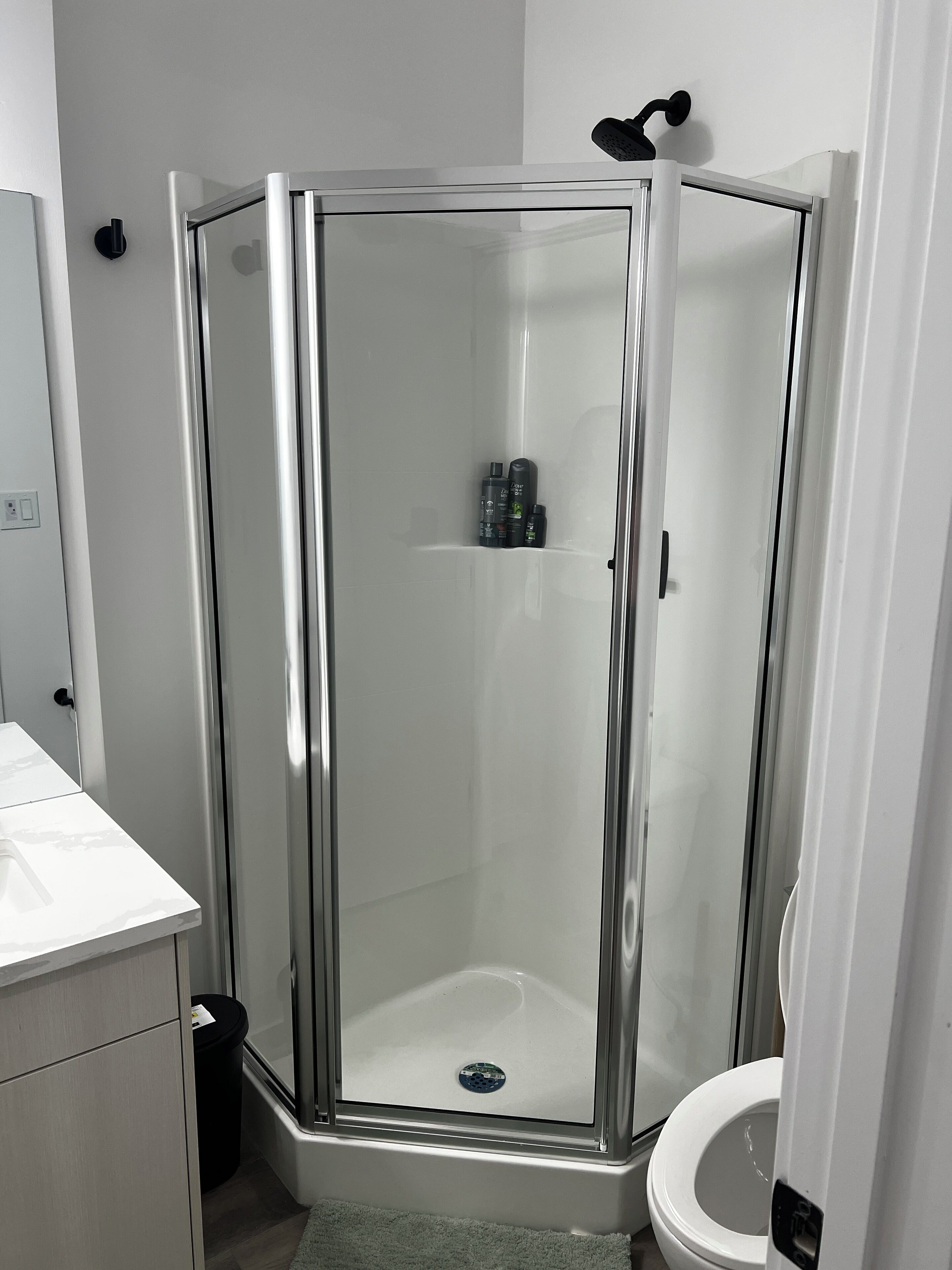A modern bathroom with a glass-enclosed shower, a white sink, and a toilet.