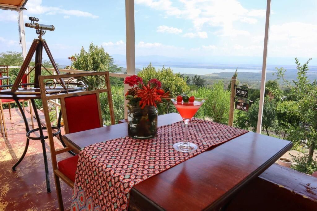 A table with a telescope, a vase with red flowers, and a cocktail on a patterned tablecloth, overlooking a scenic view.