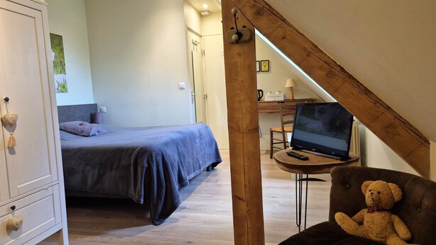 A bedroom with a bed, a desk with a laptop, a teddy bear, and a wooden beam structure.