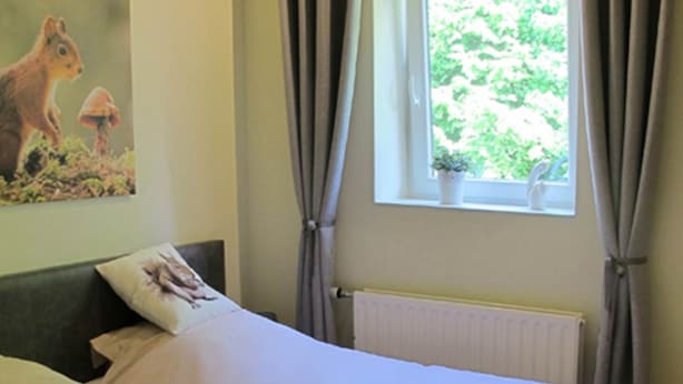 A bedroom with a bed, a window with curtains, a radiator, and a painting on the wall.
