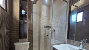 Un baño moderno con inodoro, ducha con mampara de vidrio y lavamanos con espejo.