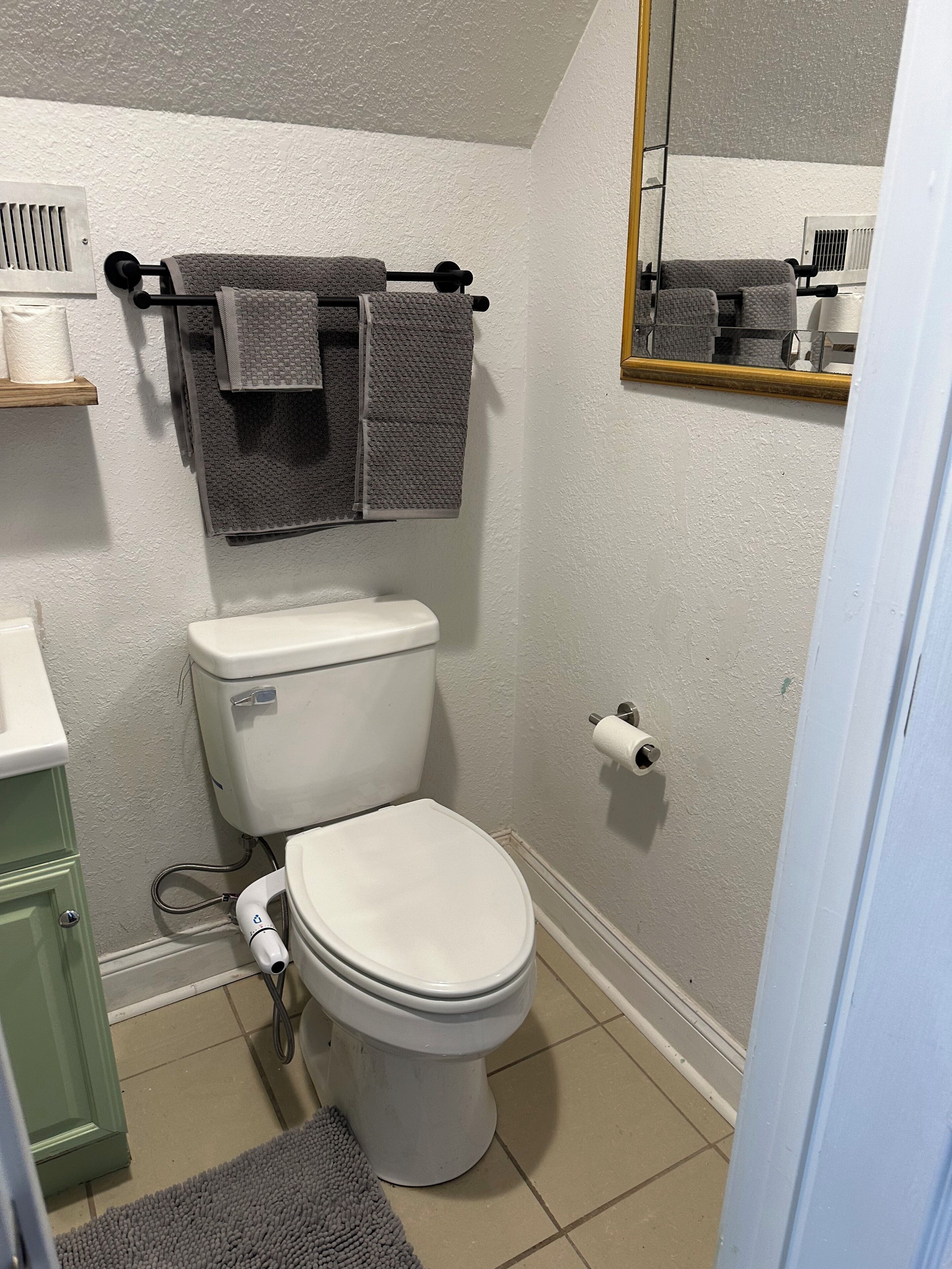 Ducha, bidet, toallas, jabón