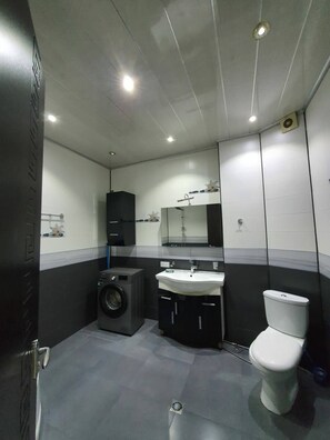 Hair dryer, bidet, towels, soap