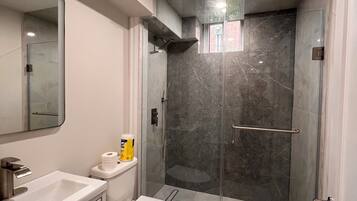 Chuveiro, secador de cabelo, toalhas de banho, sabonete