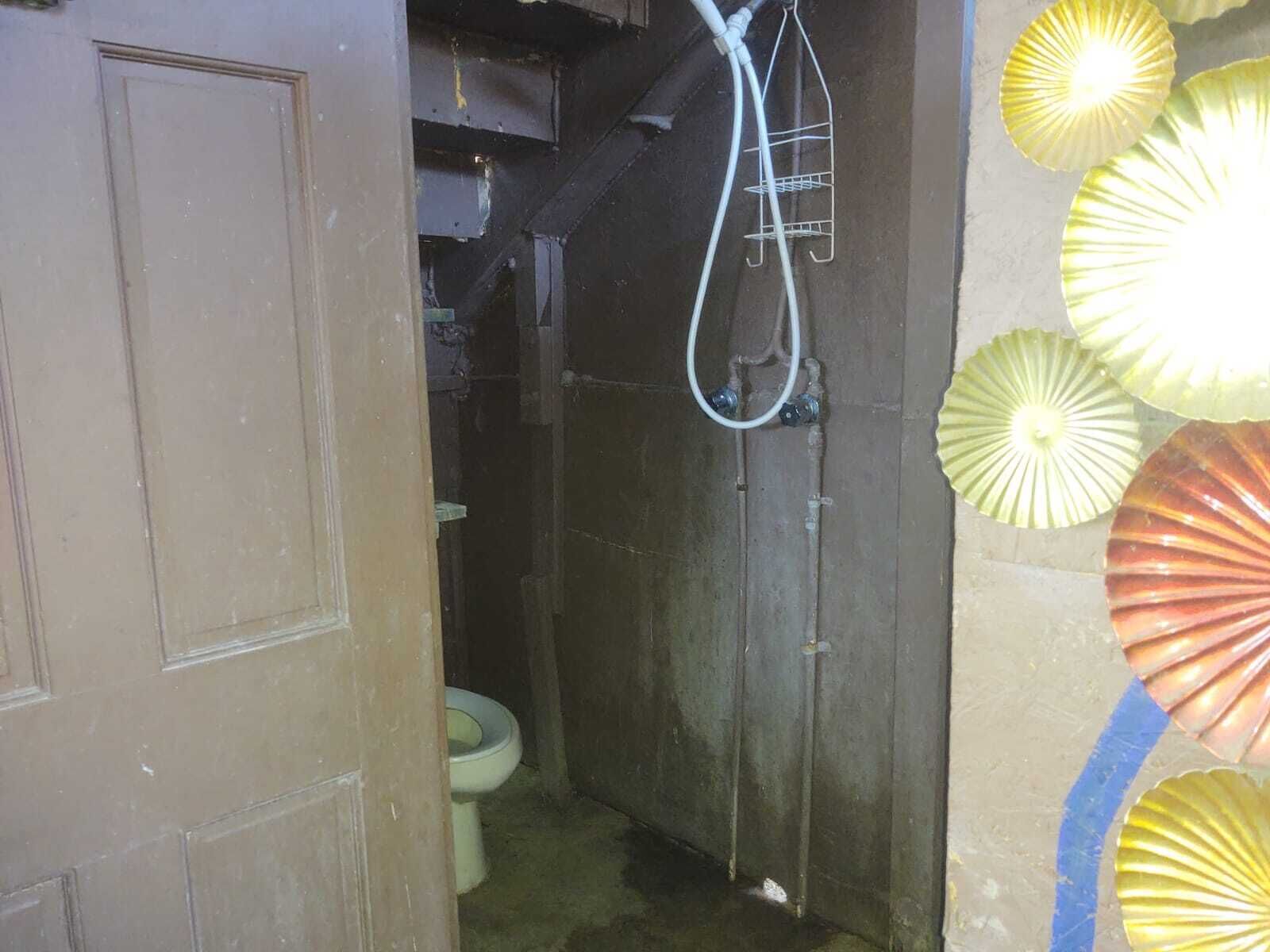 Ein schmales, schwach beleuchtetes Badezimmer mit Toilette, einer Duschkabine mit Brausekopf und einer Tür.