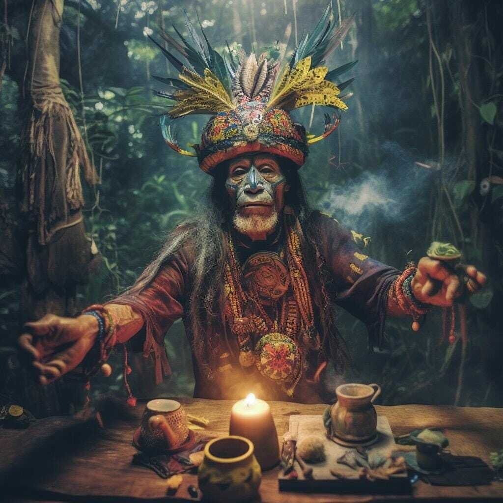 Een persoon in traditionele kledij met een versierde hoofdtootslag, zittend aan een tafel met een brandende kaars en diverse voorwerpen.