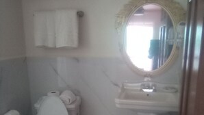 A bathroom with a toilet, sink, and mirror. There is a towel rack above the toilet and a trash bin next to it. - Roatan Airport Boutique Resort (Coxen Hole)
