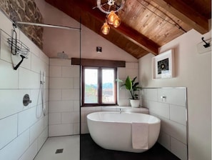 Hair dryer, towels, soap, toilet paper