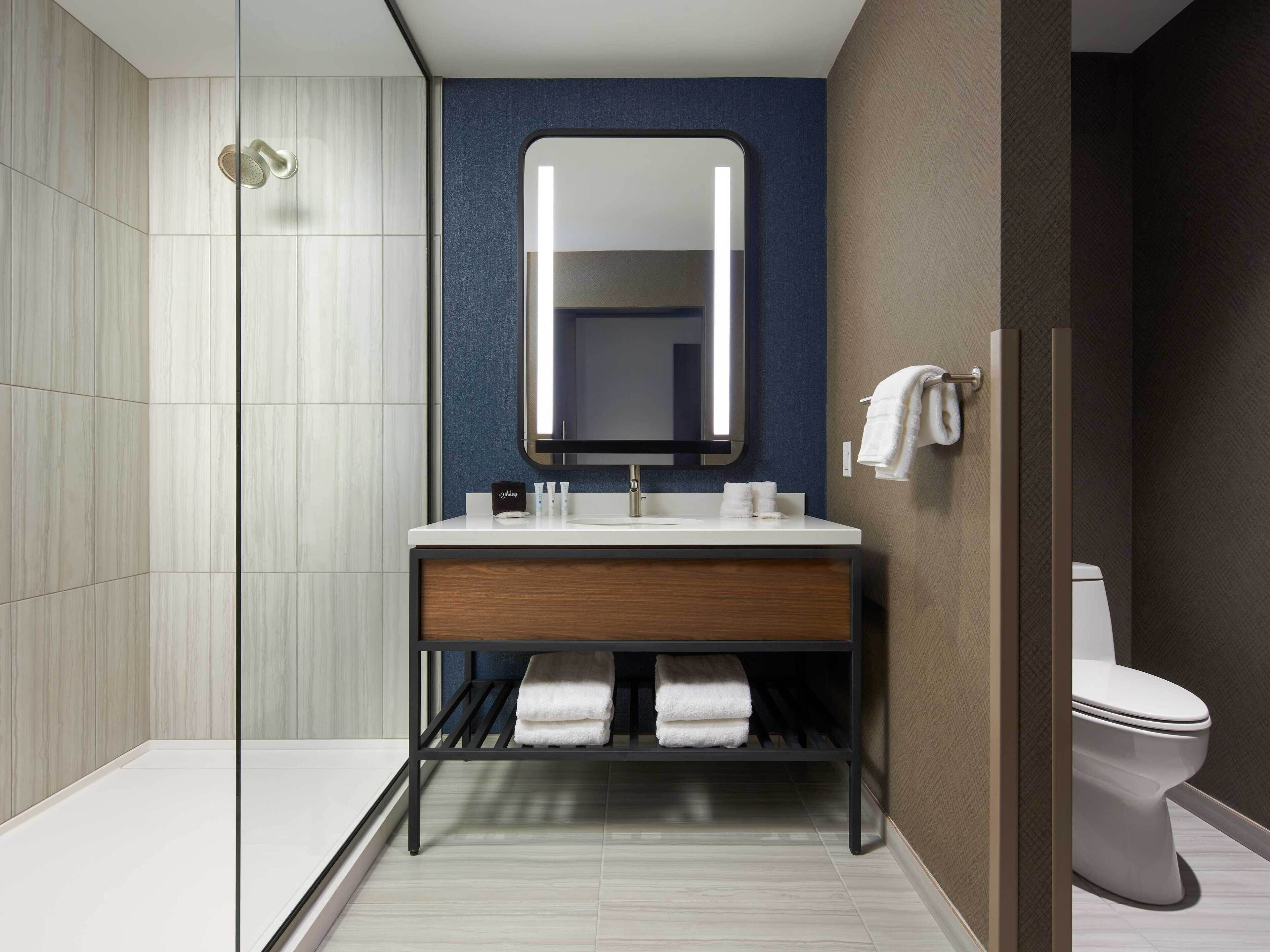 A modern bathroom with a glass shower enclosure, a white sink with a mirror above it, and a toilet.