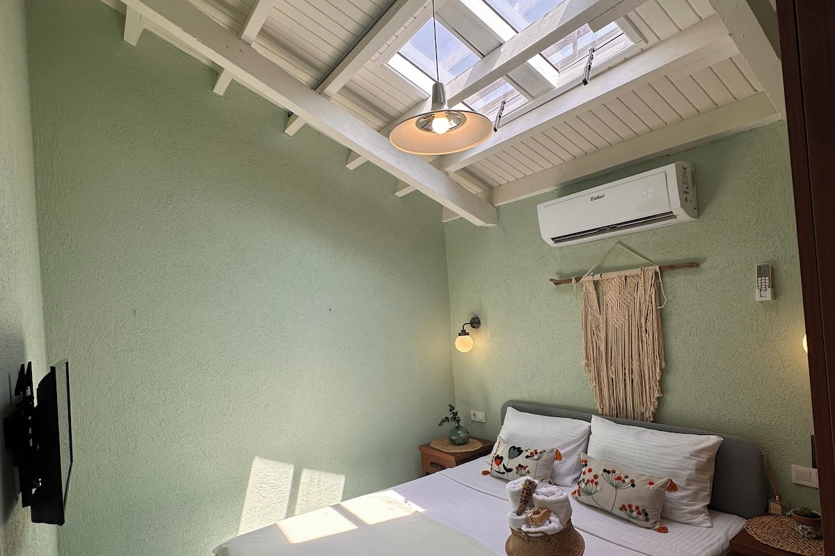 A bedroom with a bed, a bedside table, a wall-mounted air conditioner, a ceiling fan, and skylights.