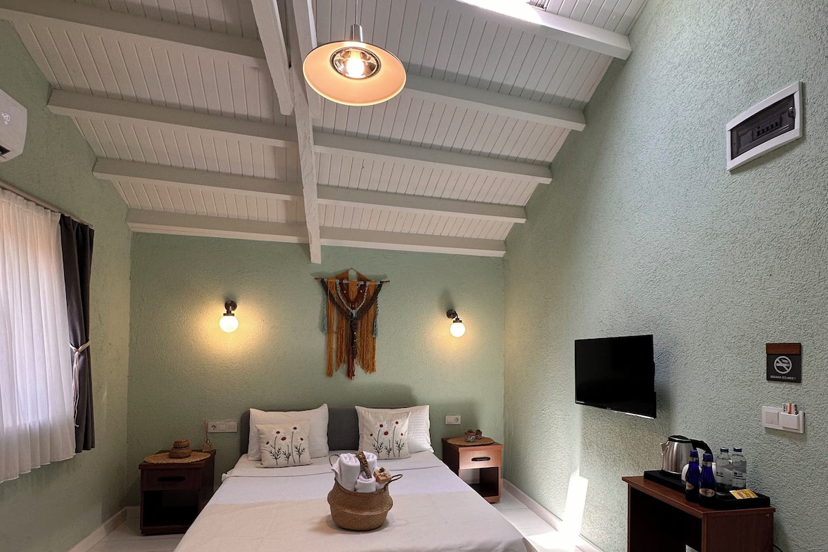 A bedroom with a large bed, two bedside tables, a flat-screen TV, a wooden nightstand, and a ceiling fan.