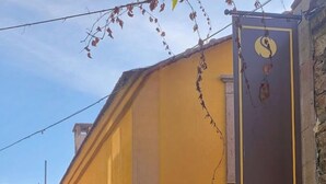 Une rue étroite bordée d’un immeuble jaune, doté de fenêtres grillagées et d’un petit jardinier avec des plantes.