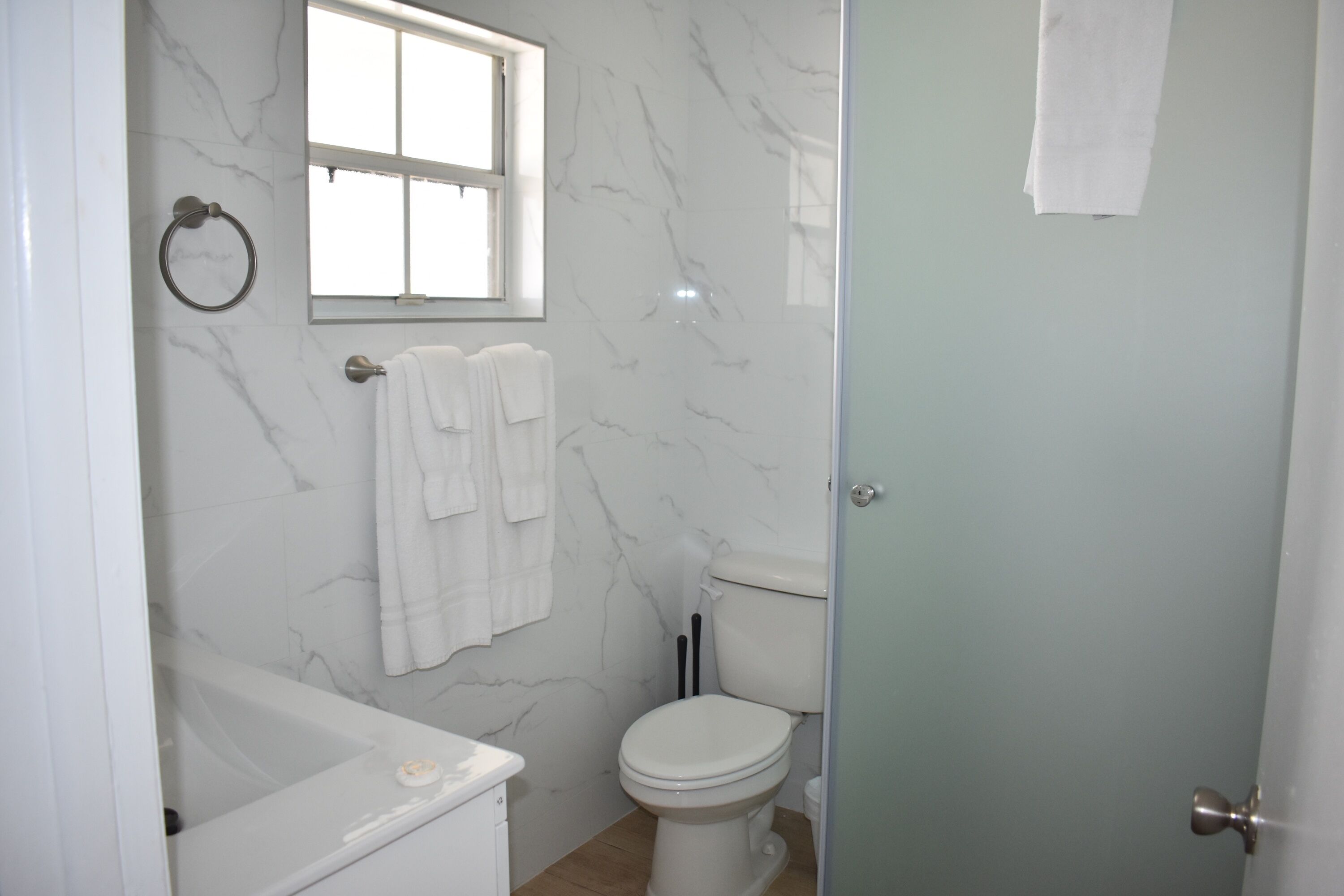 Hair dryer, towels, soap, toilet paper
