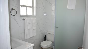 Hair dryer, towels, soap, toilet paper