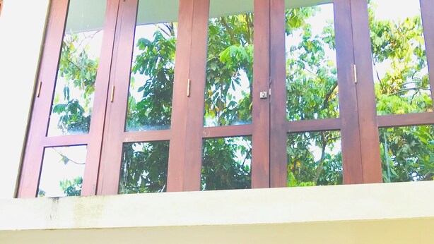 A room with a bed under a mosquito net, a wooden door, and a view of trees outside. - Relax in nature at ''Mount Heaven Araliya''Comfort, privacy, and calm await! (Hikkaduwa)
