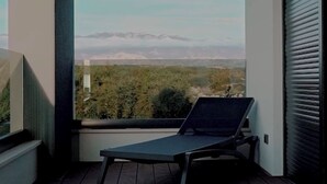 Un balcon donnant sur les montagnes, une chaise et un volet fermé.